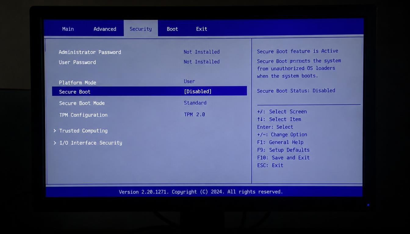 Tela da BIOS com Secure Boot desativado, um dos bloqueios do Modern Warfare 4 Xeon X99