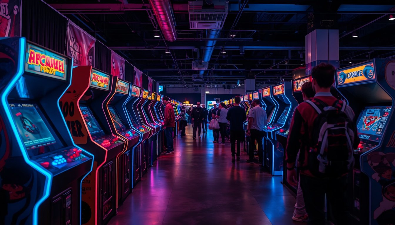 Fliperamas iluminados na arena arcade da Brasil Game Show 2026