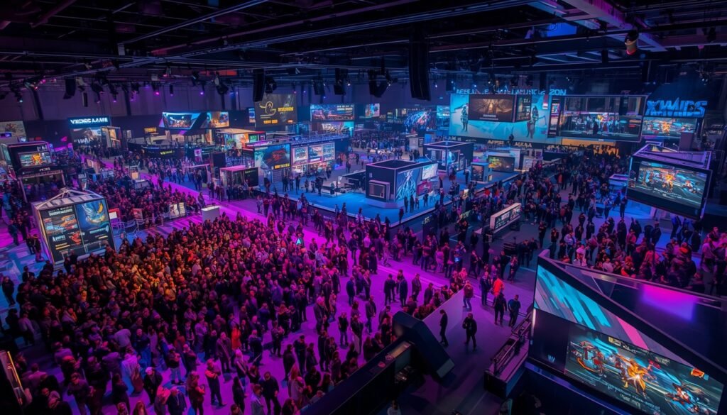 Brasil Game Show 2026: pavilhão de feira de games cheio de estandes e telões