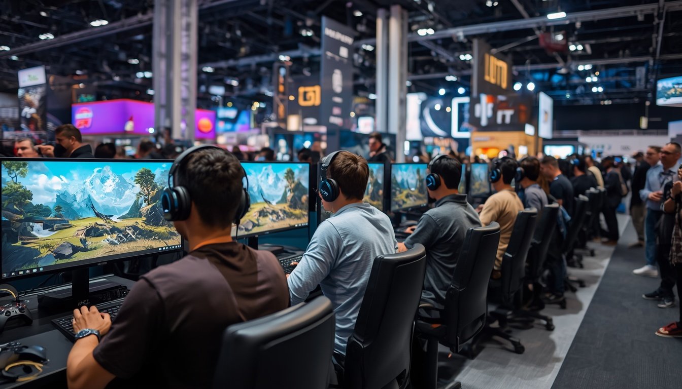 Estande com jogos para testar na Brasil Game Show 2026