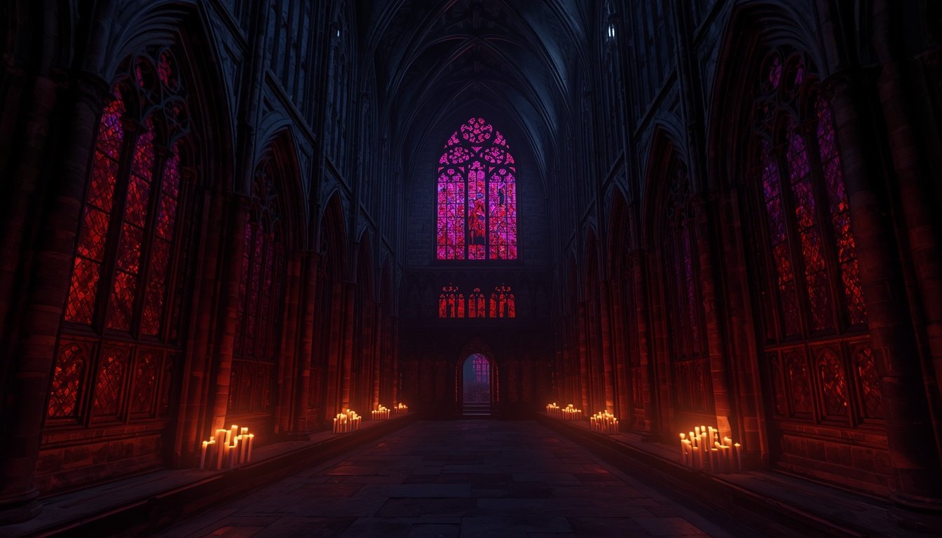 Catedral gótica à luz de velas, cenário de Castlevania Belmont's Curse