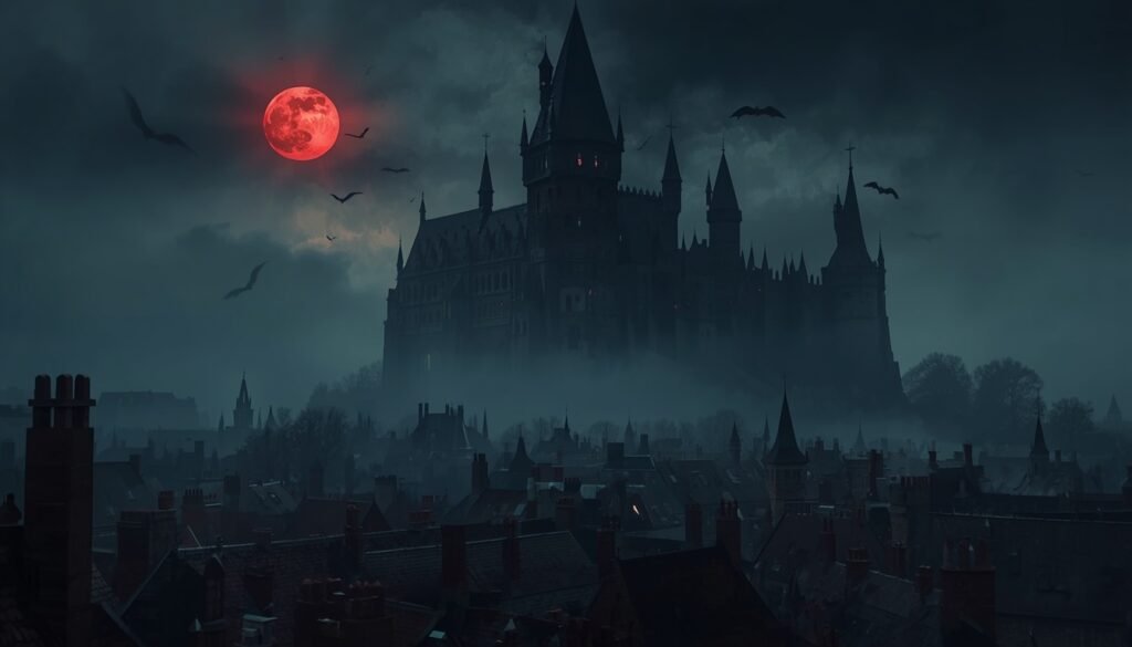 Castlevania Belmont's Curse: castelo gótico surgindo numa cidade medieval à noite