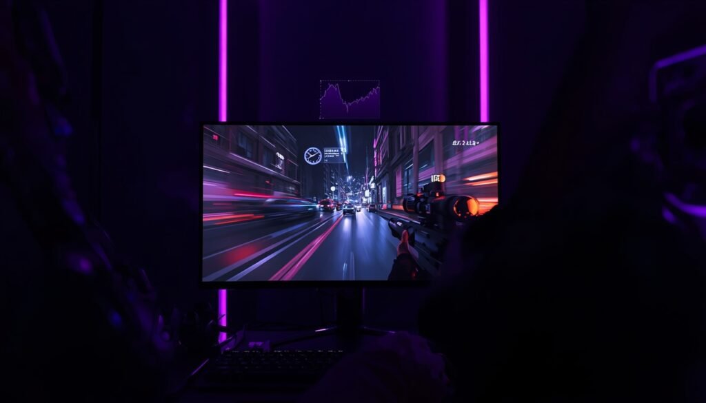 Monitor mostrando jogo de tiro com contador de FPS na tela