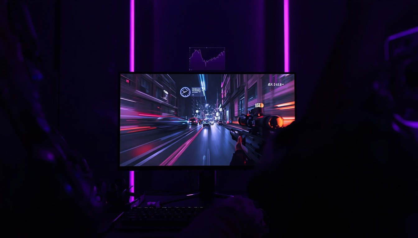 Monitor mostrando jogo de tiro com contador de FPS na tela