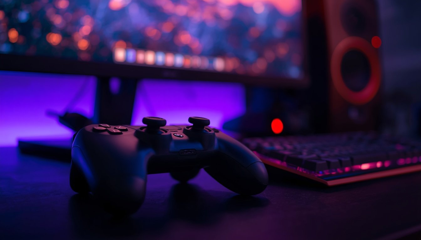 Controle sem fio ao lado do teclado com jogo de aventura na tela