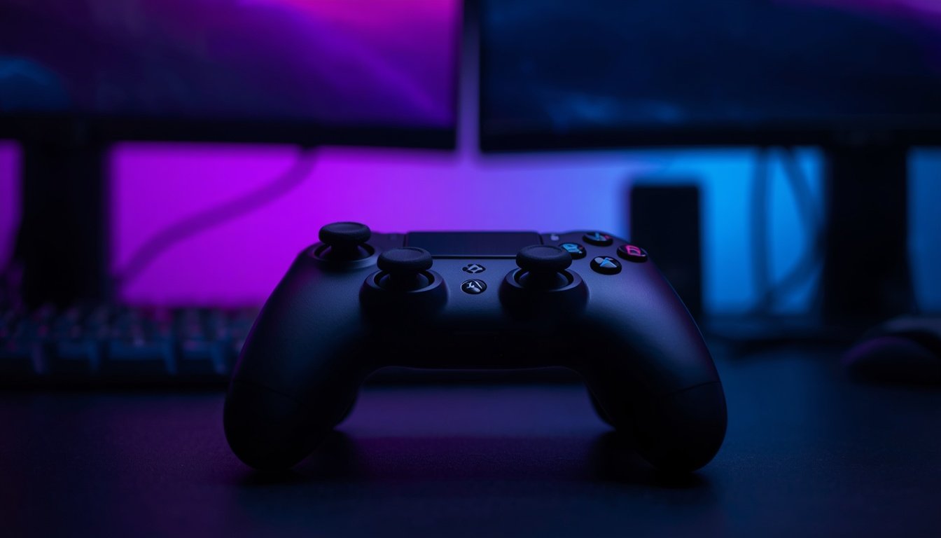 Controle sem fio preto com monitores roxo e azul ao fundo