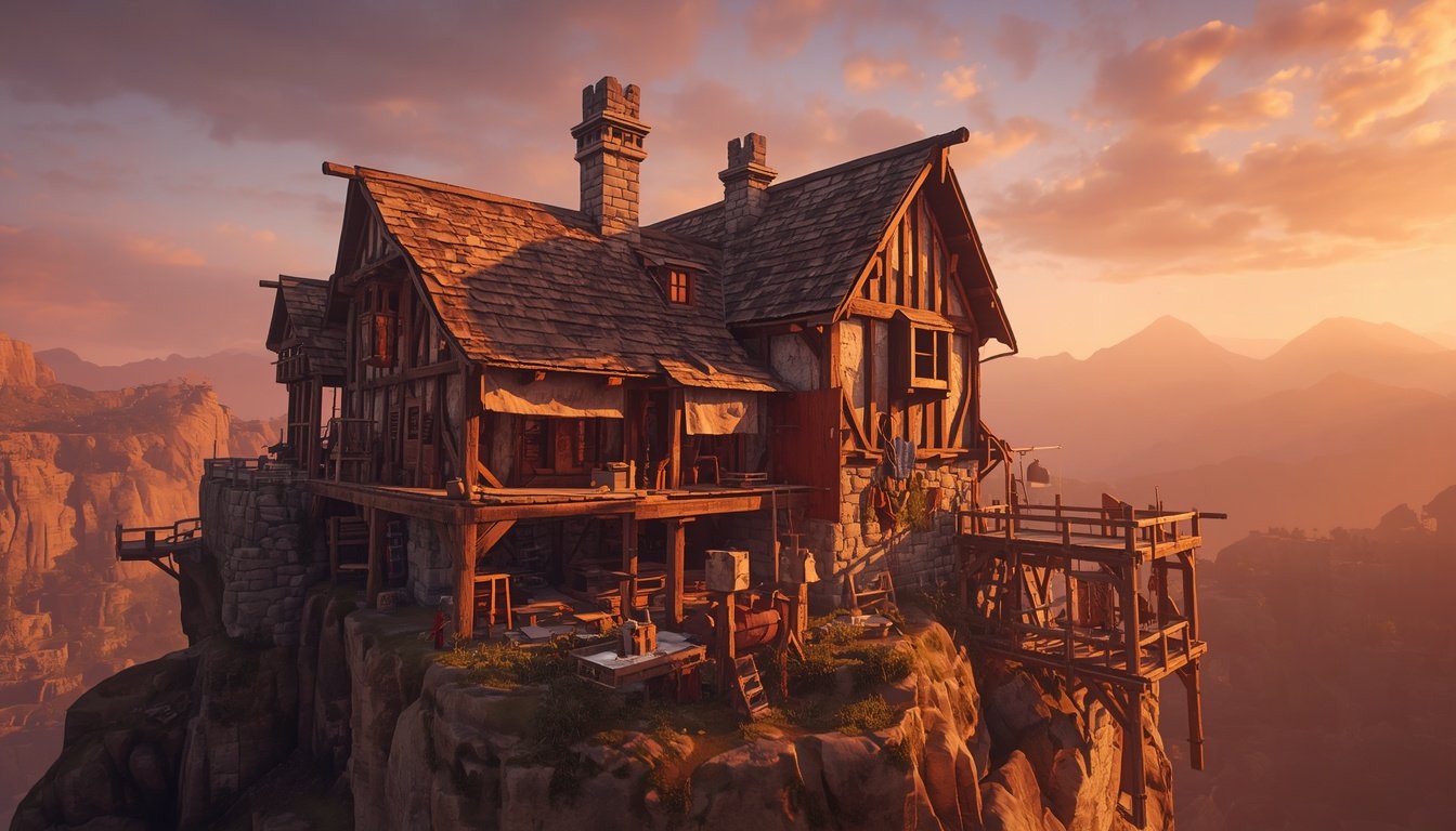 Casa medieval sendo construída, clima de construção do Enshrouded 1.0