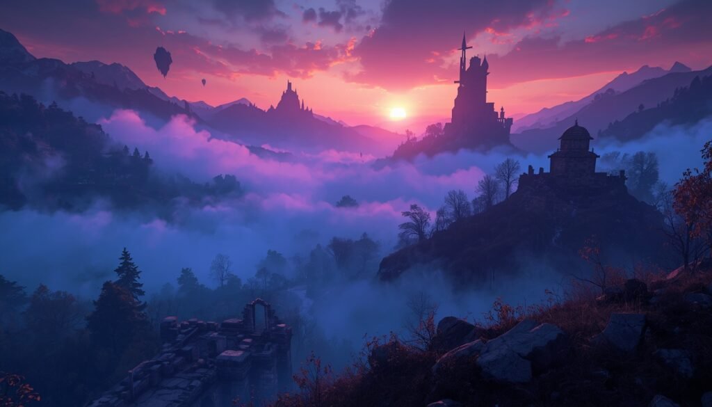 Enshrouded 1.0: vale de fantasia coberto por névoa e ilhas flutuantes