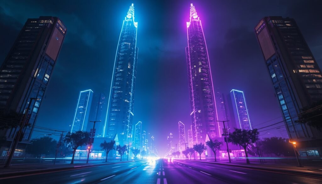 Epic Games x Steam: duas torres rivais iluminadas em uma cidade neon