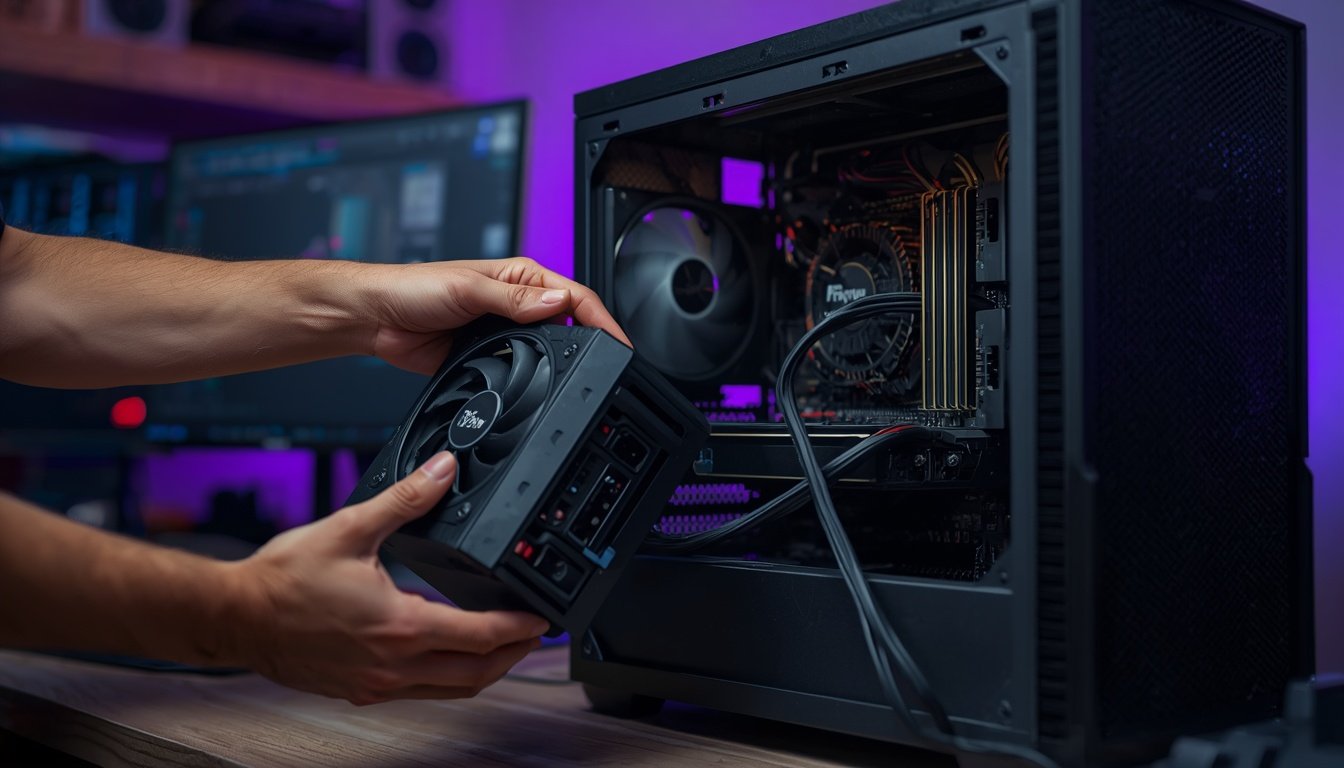 Técnico conferindo os cabos da fonte do PC