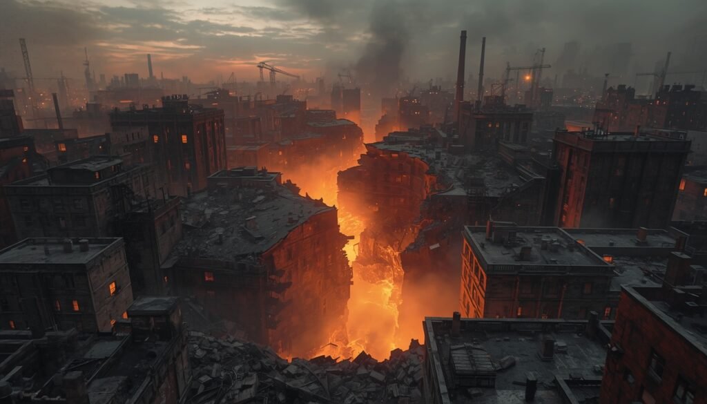 Gears of War E-Day: cidade industrial desabando com o chão se abrindo