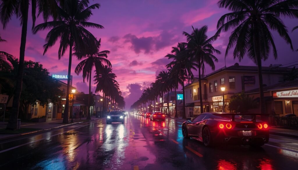 GTA 6 no PC: cidade tropical à noite com neon e carros esportivos