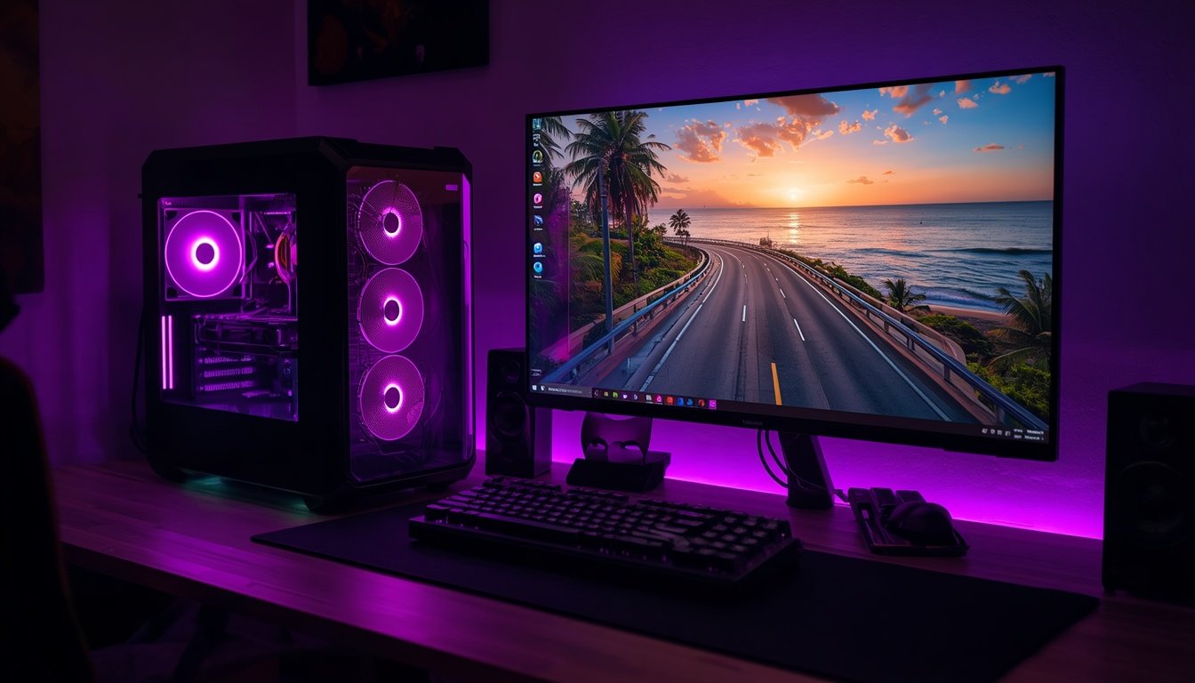 Setup gamer com PC roxo esperando o GTA 6 no PC