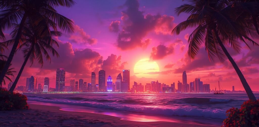 Cidade tropical estilo Vice City ao pôr do sol com palmeiras