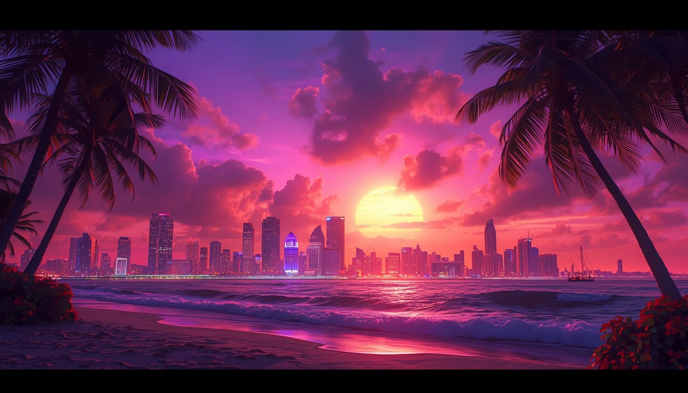 Cidade tropical estilo Vice City ao pôr do sol com palmeiras