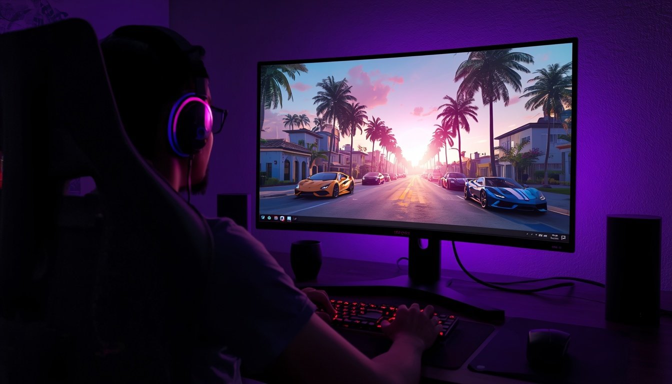 Gamer no PC olhando cidade tropical parecida com GTA 6