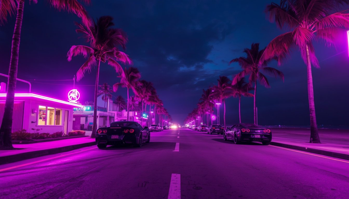 Avenida da praia com neon roxo e carros esportivos à noite