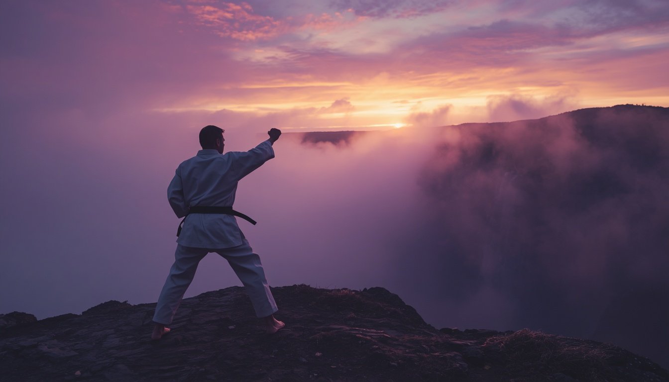 Karateca treinando sozinho na montanha, inspiração do Ryu de Street Fighter