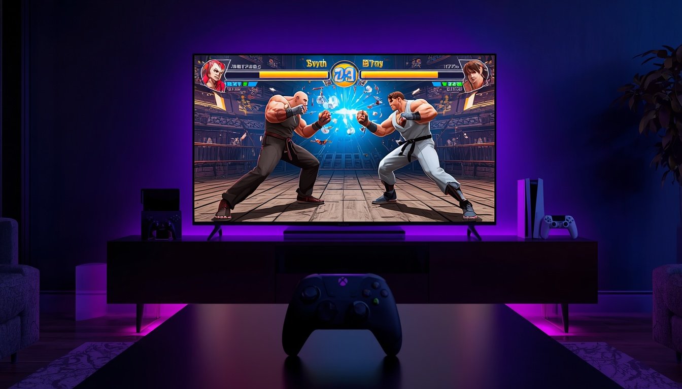 Sala com TV mostrando jogo de luta e consoles para jogar Street Fighter 6