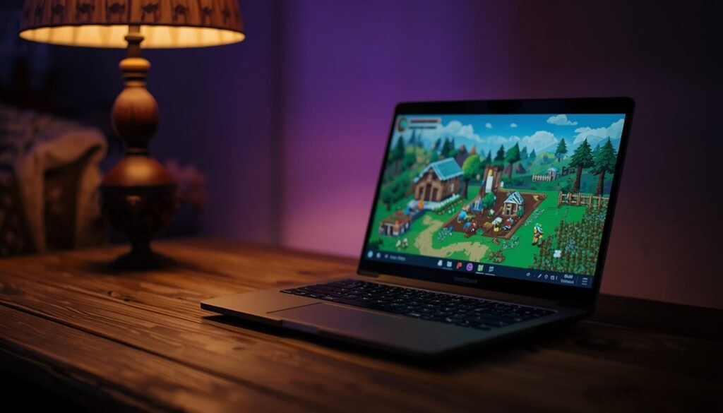 Notebook simples rodando jogo leve de fazenda em pixel art