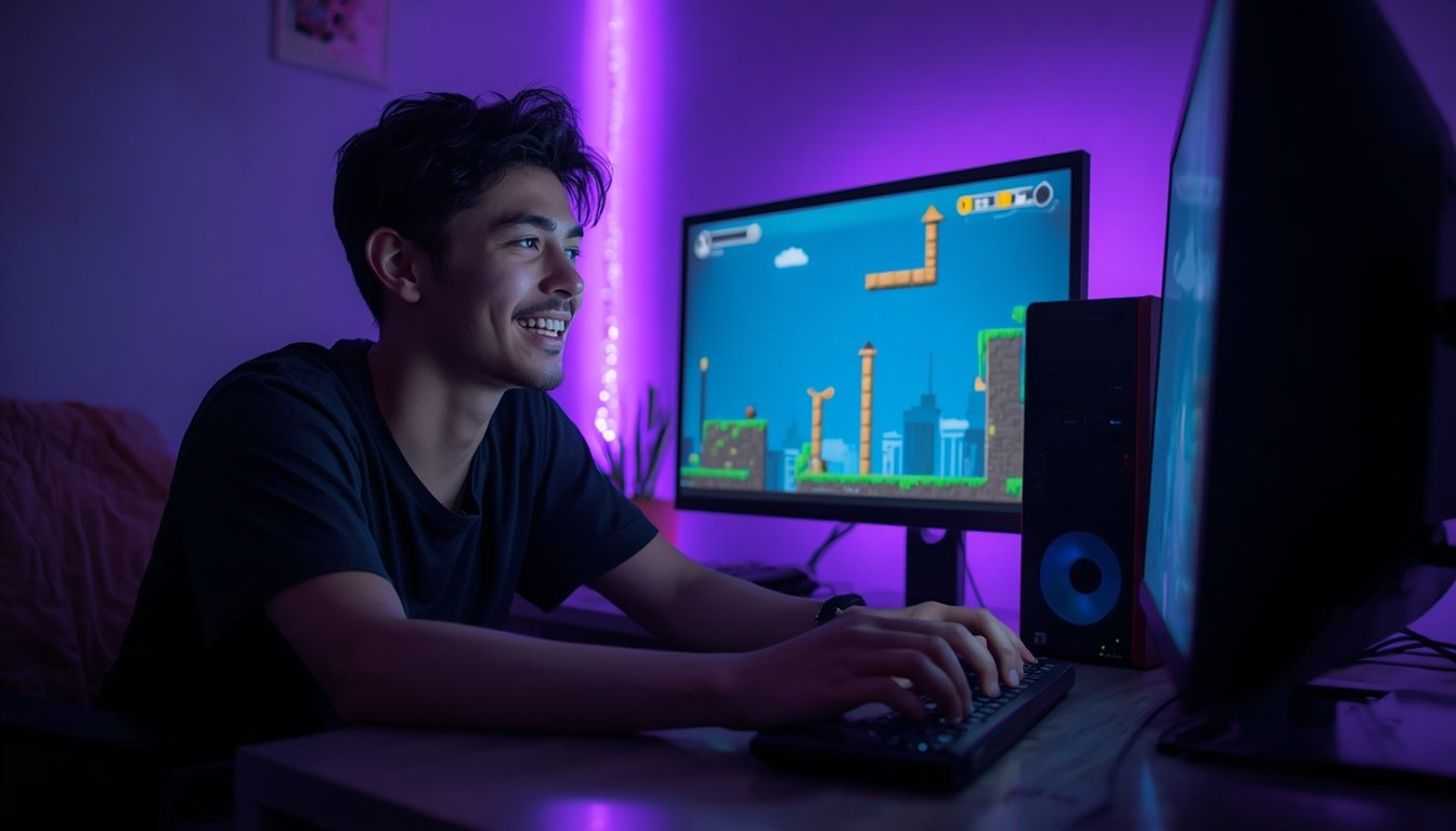 Gamer jogando jogo indie leve em PC simples