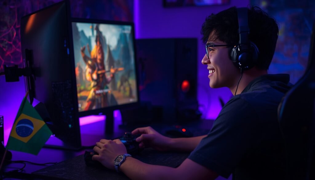 Gamer brasileiro jogando jogo de Switch em português no PC