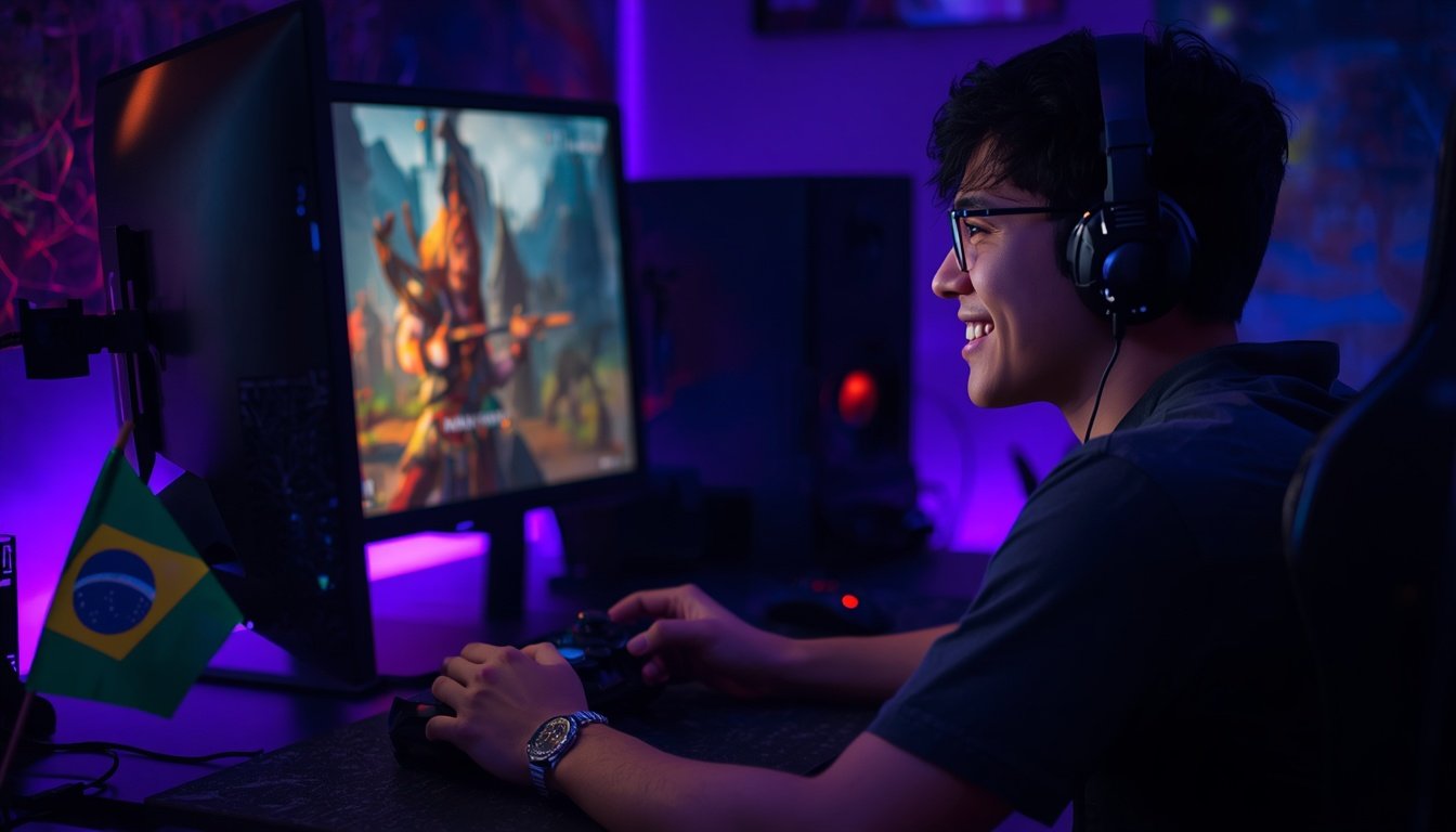 Gamer brasileiro jogando jogo de Switch em português no PC