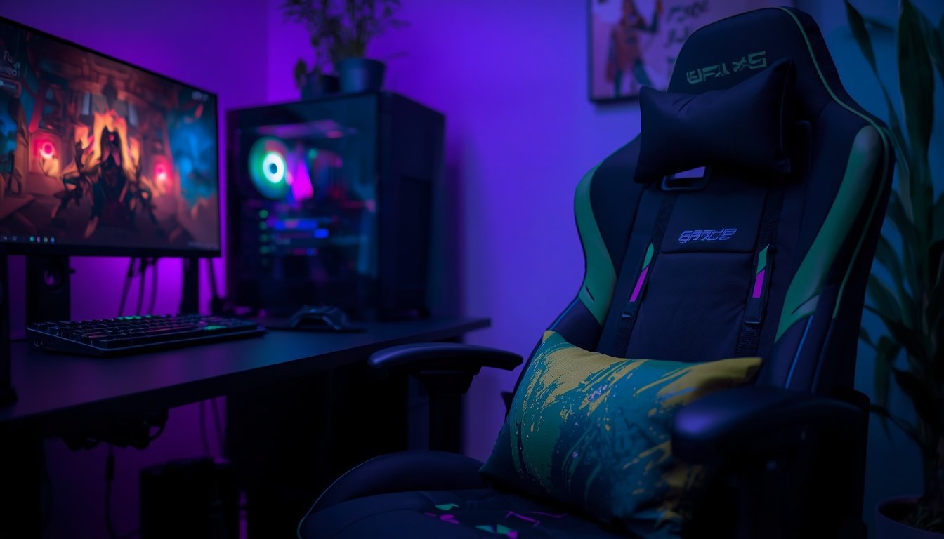 Cantinho gamer com PC e controle nas cores do Brasil