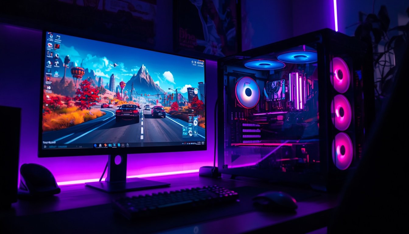 Setup gamer com PC e memória RAM RGB rodando jogo de mundo aberto