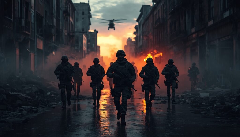 Modern Warfare 4 no PC: soldados em cidade em guerra ao entardecer