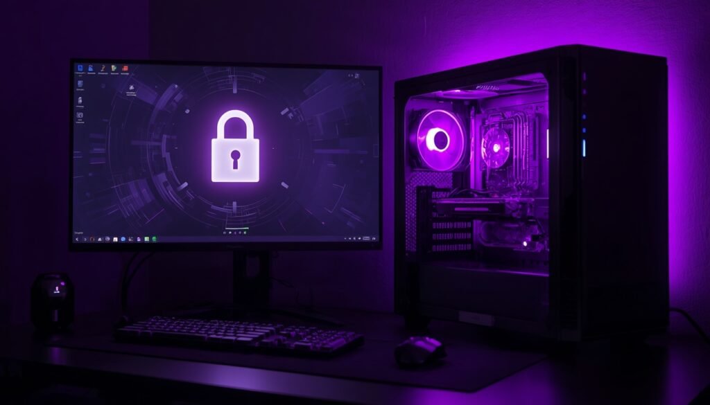 Modern Warfare 4 Xeon X99: PC gamer roxo com cadeado na tela simbolizando TPM 2.0 e Secure Boot