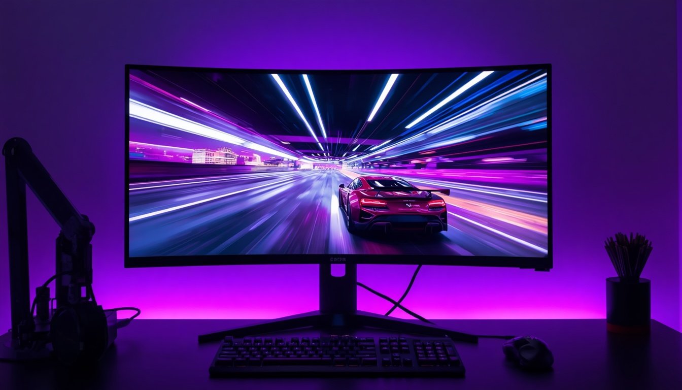 Monitor gamer de alta taxa de atualização rodando jogo de corrida