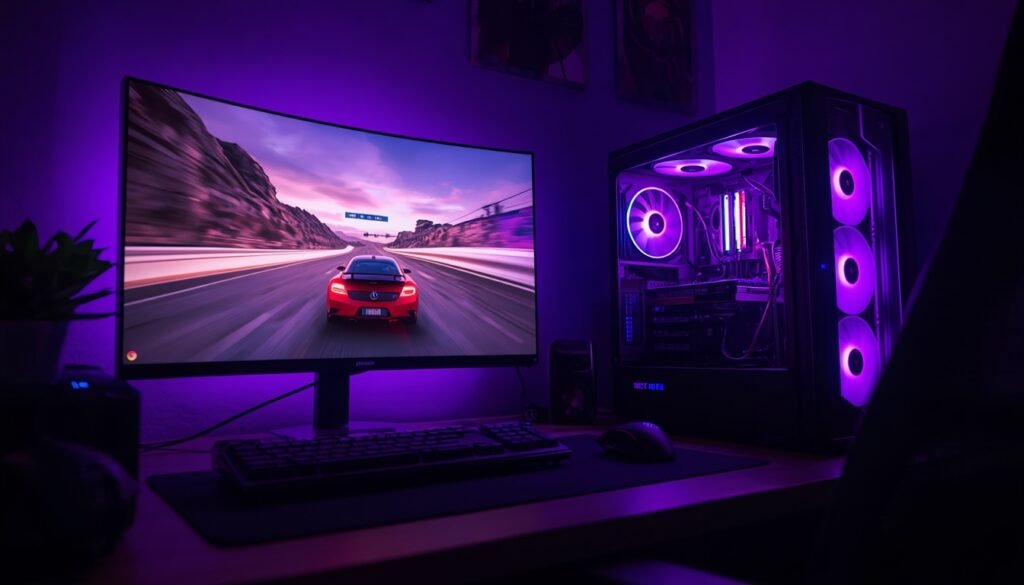 PC gamer com luz roxa rodando jogo de corrida liso