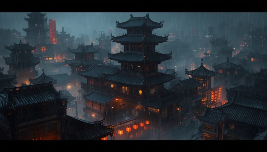 Phantom Blade Zero: cidade chinesa antiga com máquinas steampunk à noite