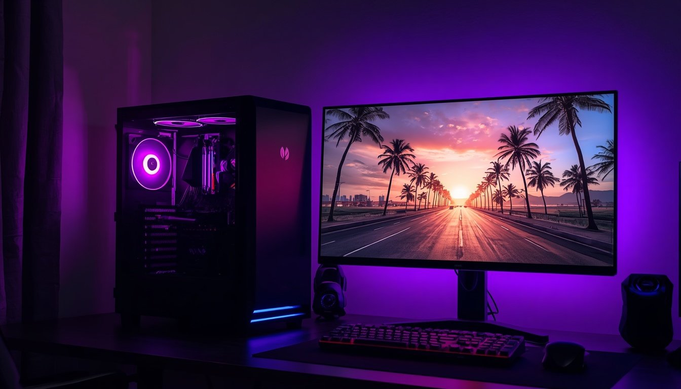 PC gamer com cidade tropical na tela