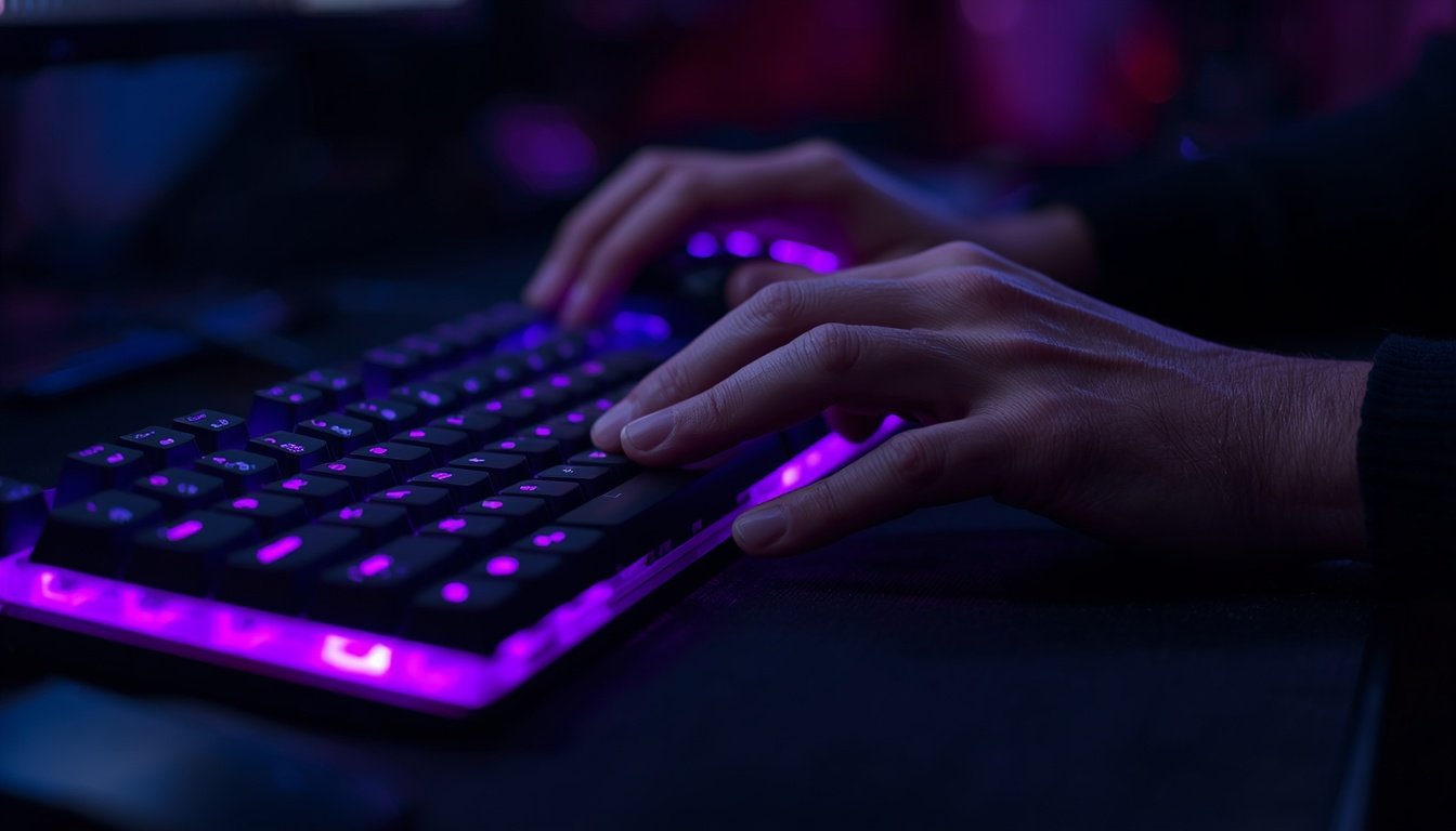 Mãos no teclado e mouse gamer durante partida com FPS alto