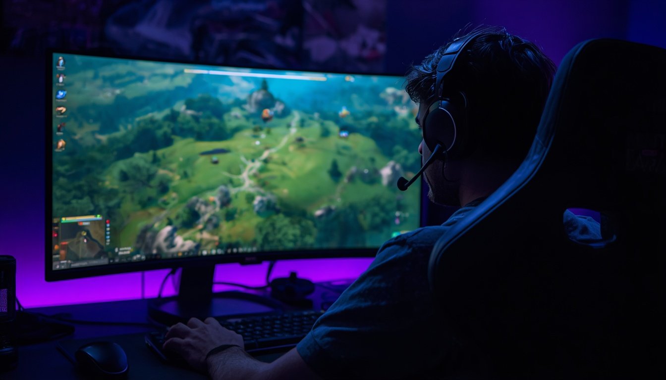 Gamer de headset jogando Zelda Breath of the Wild no PC