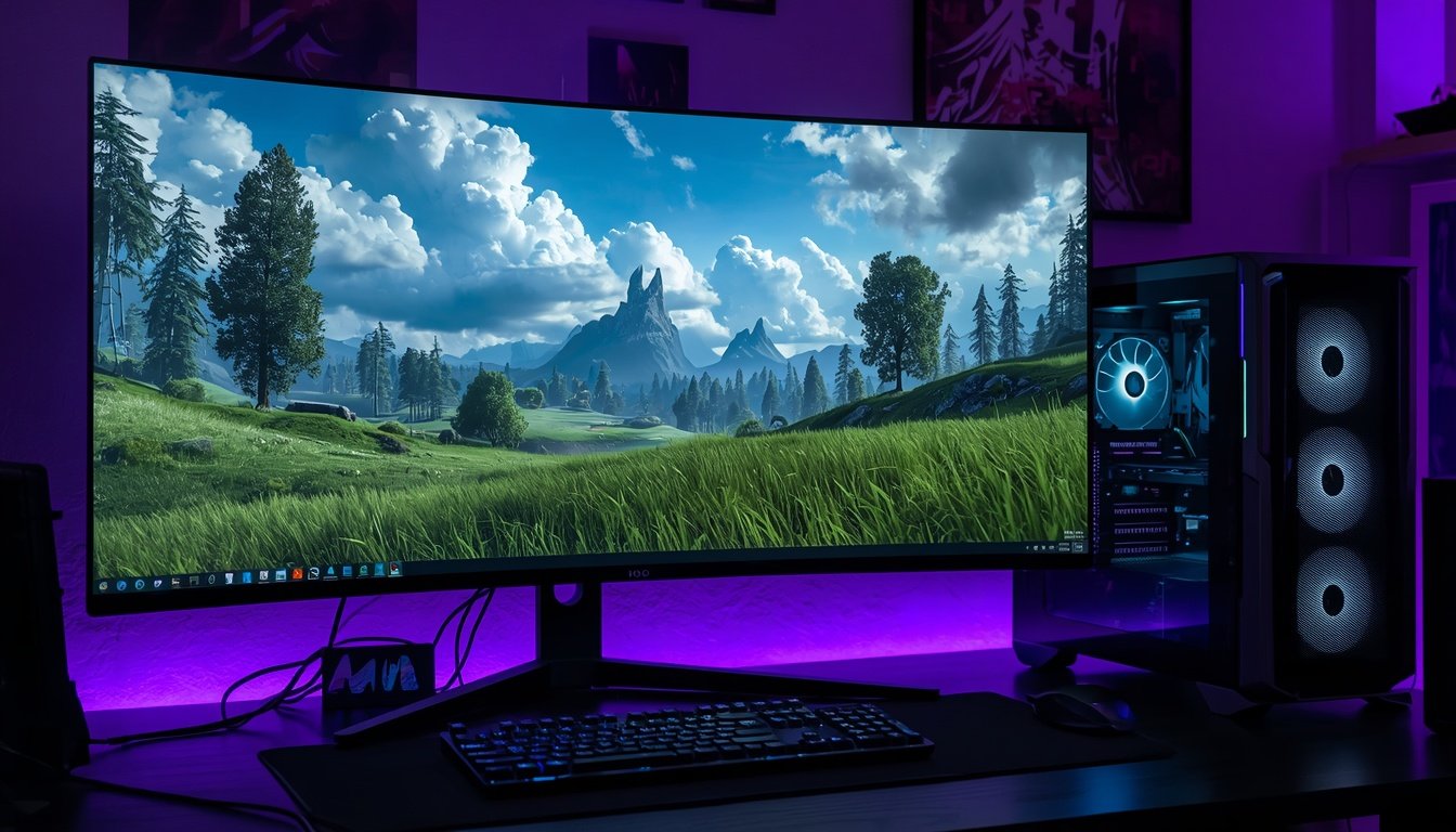 Monitor mostrando grama e nuvens nítidas em alta resolução