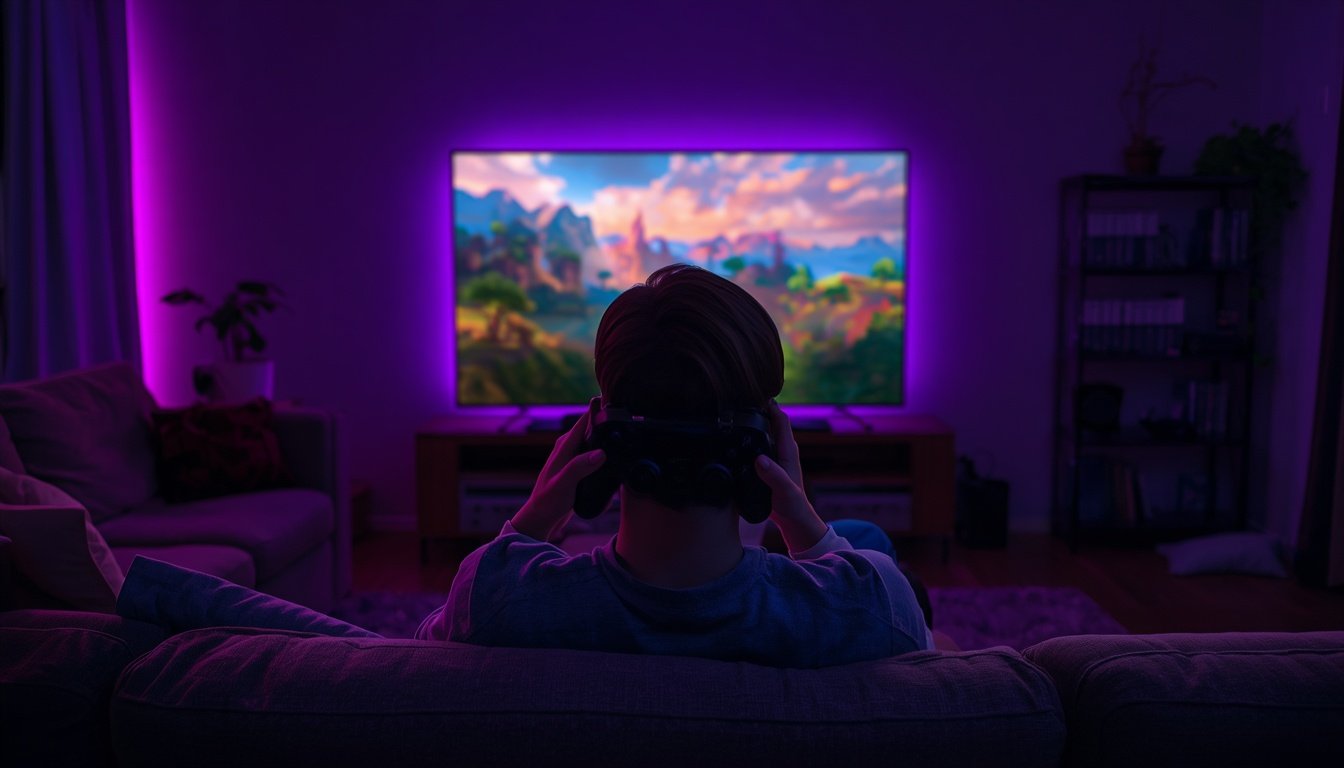 Jogador na sala com luz roxa jogando no videogame, Zelda ou GTA 6
